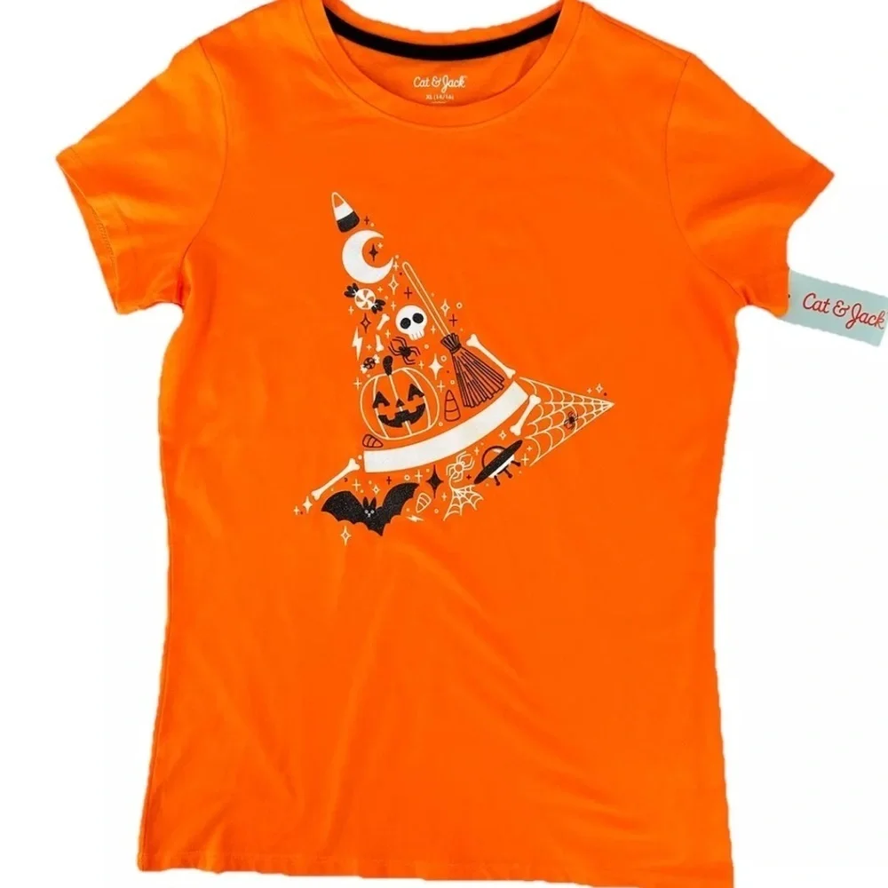 NEW Cat & Jack Girls Orange Short Sleeve Graphic Tee Witch Pumpkin SIZE XL 14-16